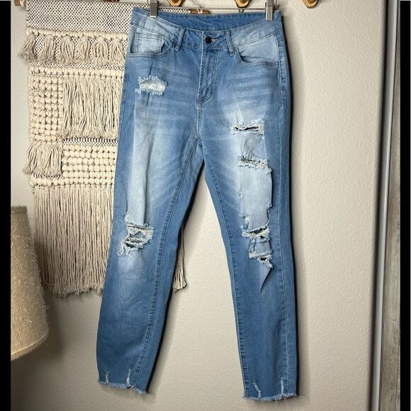 GOSOPIN Distressed Raw Hem Boyfriend Straight Leg Jeans - Picture 8 of 9